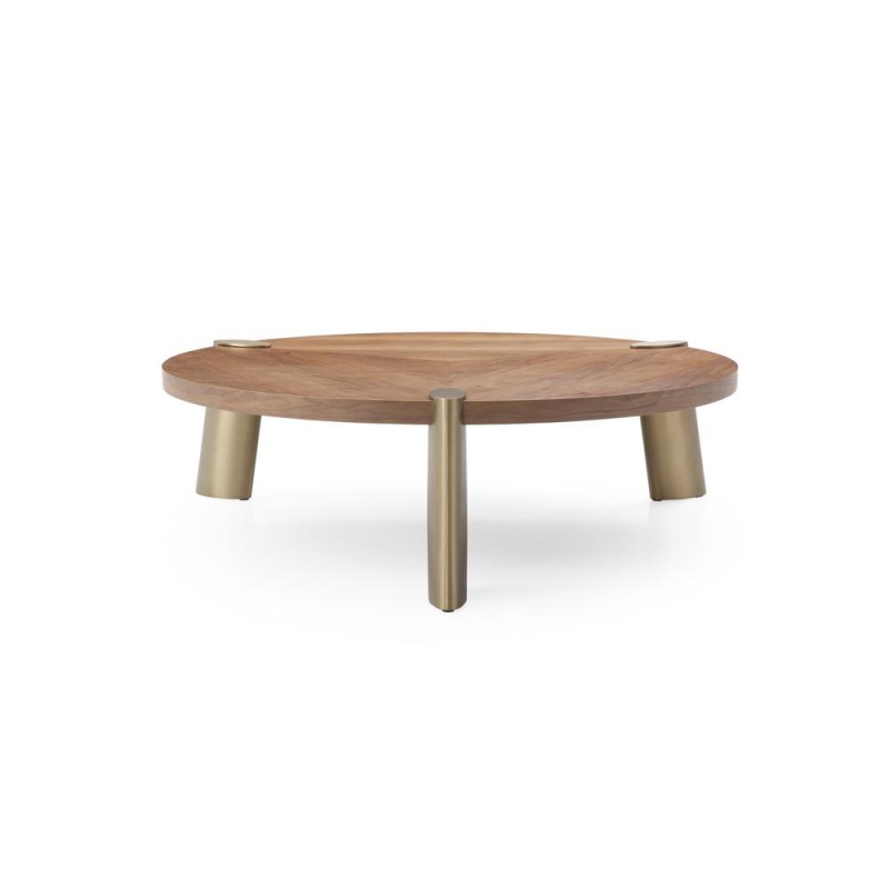 Mimeo Large Round Coffee Table, Walnut Veneer Top Lacquered In Original Color, Legs Brushed Stainless Steel In Brass