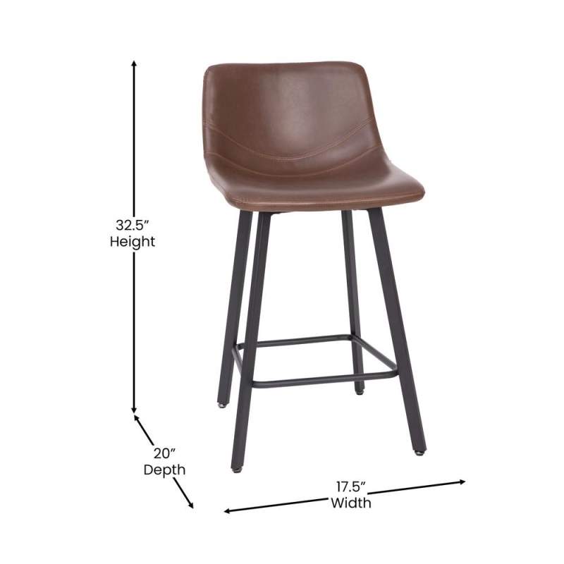 Caleb Modern Armless 24 Inch Counter Height Stools Commercial Grade W/Footrests In Chocolate Brown Leathersoft And Black Matte Metal Frames, Set Of 2