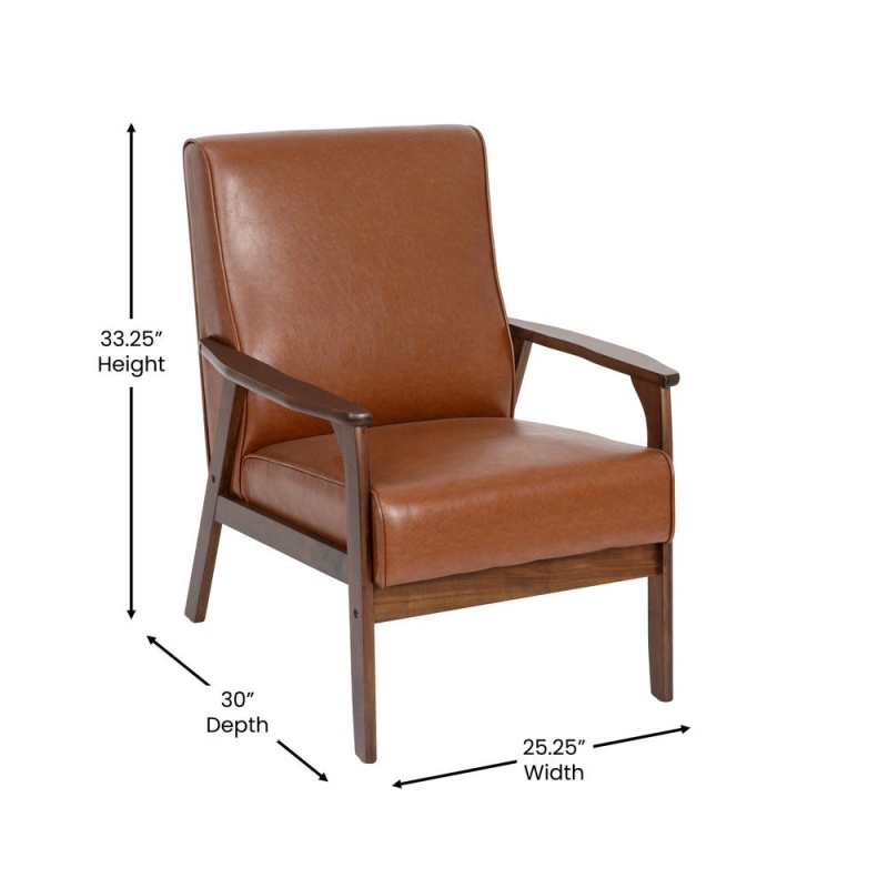 Langston Commercial Grade Leathersoft Upholstered Mid Century Modern Arm Chair, With Walnut Finished Wooden Frame And Arms In Cognac
