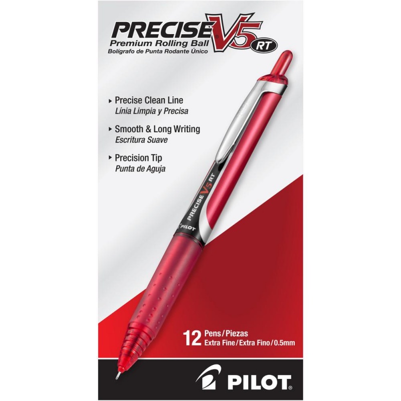 Pilot Precise V5 Rt Extra-Fine Premium Retractable Rolling Ball Pens - Extra Fine Pen Point - 0.5 Mm Pen Point Size - Needle Pen Point Style - Retractable - Red Water Based Ink - Red Barrel - 1 Dozen