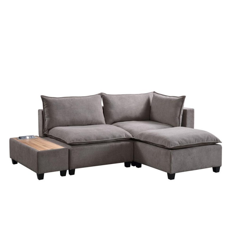Madison Light Gray Fabric Sectional Loveseat Ottoman With Usb Storage Console Table