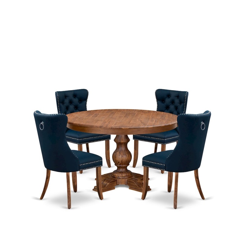 5-Pc Dining Room Table Set with Wooden Table and Navy Blue Chairs