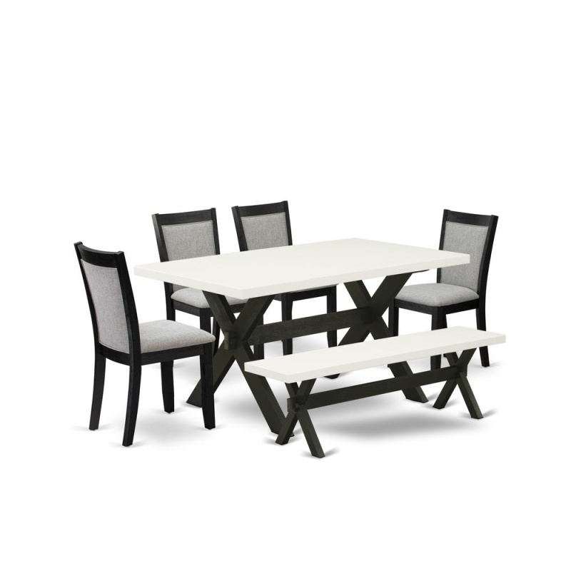 X626mz606-6 6 Pc Kitchen Table Set - Linen White Table With A Rustic Bench And 4 Shitake Dining Chairs - Wire Brushed Black Finish