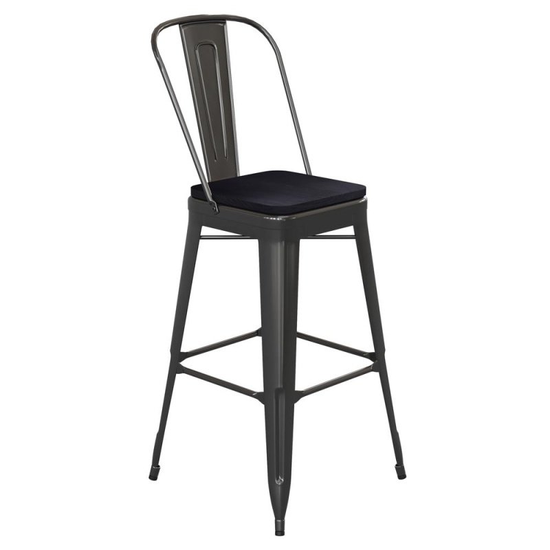Kai Commercial Grade 30" High Black Metal Indoor-Outdoor Bar Height Stool With Removable Back And Square Black All-Weather Poly Resin Seat