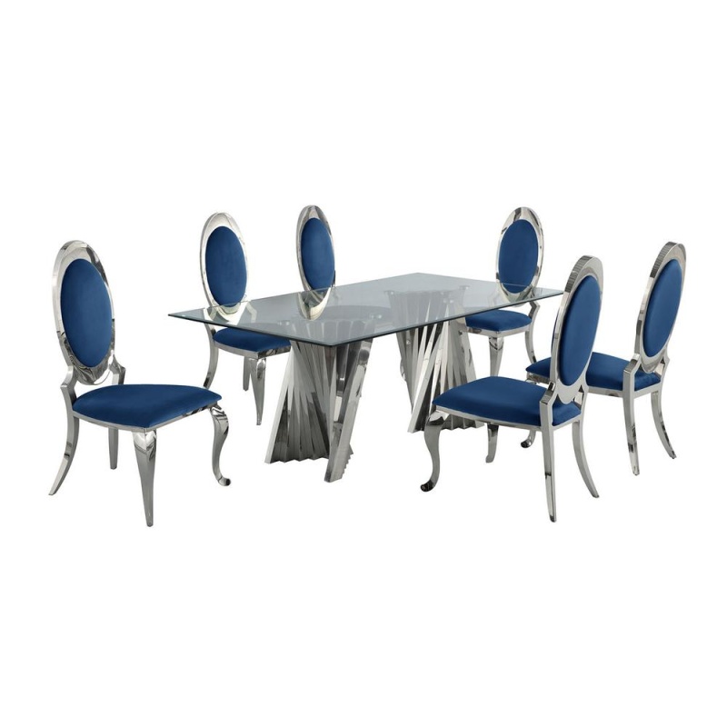 Classic 7Pc Dining Set W/Uph Side Chair, Glass Table W/ Silver Spiral Base, Navy Blue