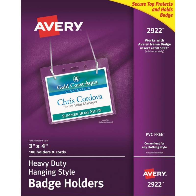 Avery® Heavy-Duty Clear Hanging Style Badge Holders - Support 3" X 4" Media - Horizontal - Plastic - 100 / Box - Clear