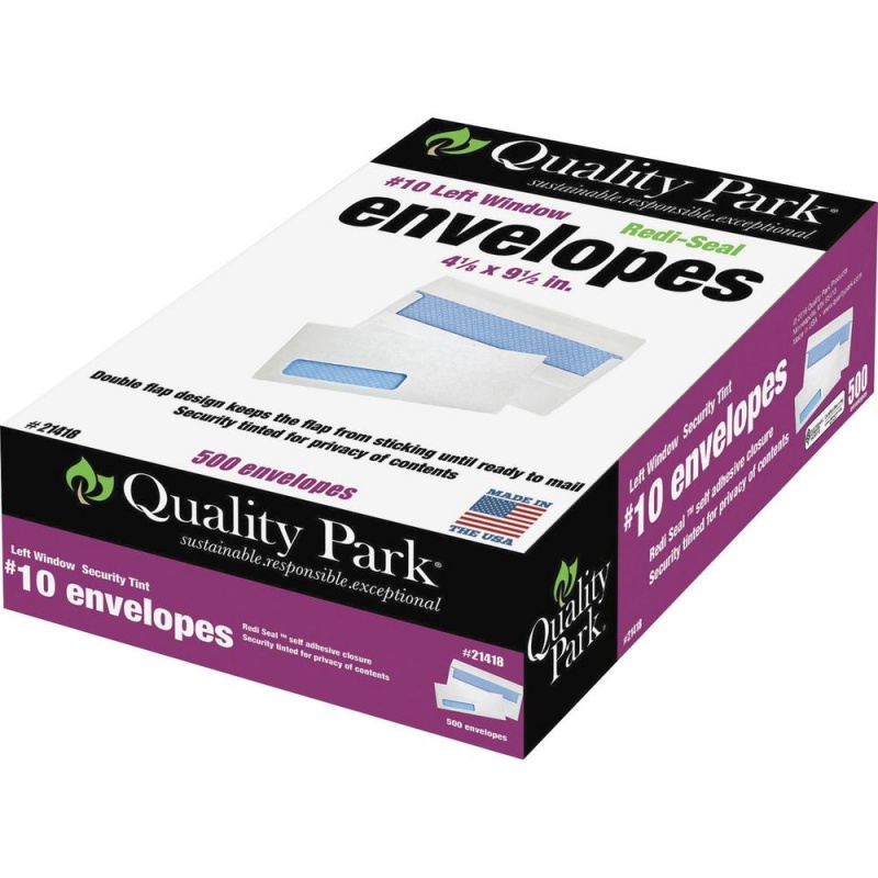 Quality Park No. 10 Single Window Security Tinted Business Envelopes With A Self-Seal Closure - Single Window - #10 - 4 1/8" Width X 9 1/2" Length - 24 Lb - Self-Sealing - Wove - 500 / Box - White
