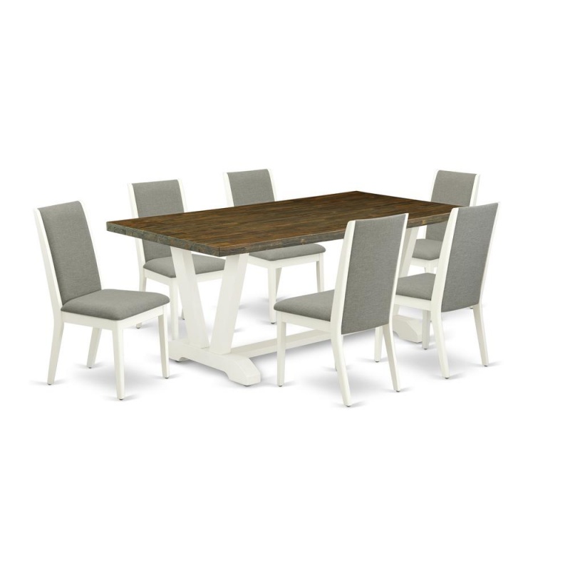 East West Furniture V077la206-7 7-Piece Fashionable Dining Room Set A Good Distressed Jacobean Wood Dining Table Top And 6 Amazing Linen Fabric Parson Chairs With Stylish Chair Back, Linen White Finis