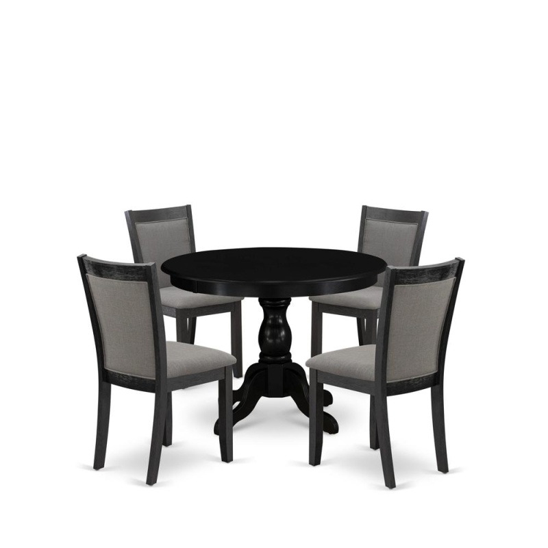 East West Furniture 5-Piece Kitchen Room Table Set Includes A Pedestal Dining Table And 4 Dark Gotham Grey Linen Fabric Upholstered Dining Chairs - Wire Brushed Black Finish