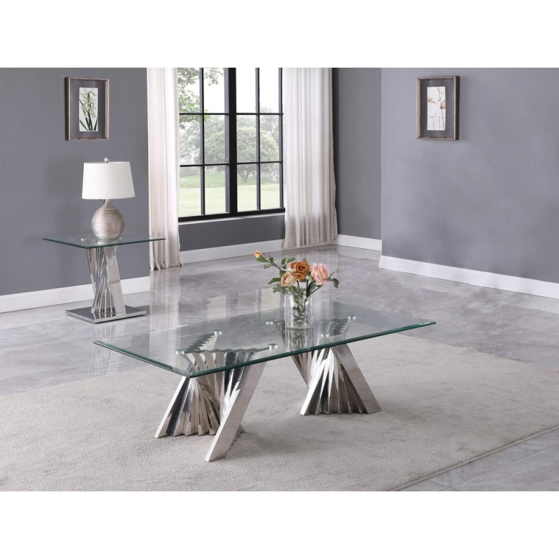Glass Coffee Table Sets: Coffee Table And End Table With Stainless Steel Base