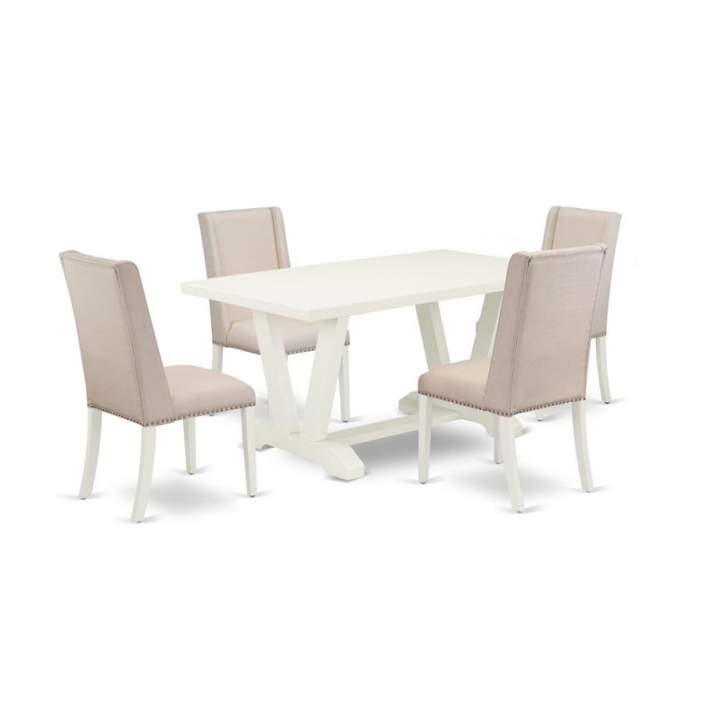 East West Furniture 5-Piece Modern Dining Table Set Included 4 Kitchen Dining Chairs Upholstered Nails Head Seat And Stylish Chair Back And Rectangular Table With Linen White Table Top - Linen White f