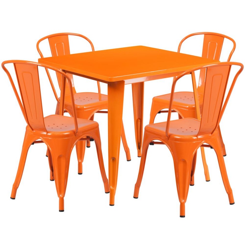 Commercial Grade 31.5" Square Orange Metal Indoor-Outdoor Table Set With 4 Stack Chairs