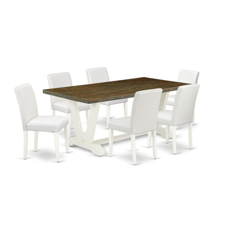 East West Furniture V077ab264-7 7-Piece Amazing Modern Dining Table Set A Superb Distressed Jacobean Modern Dining Table Top And 6 Stunning Pu Leather Kitchen Parson Chairs With Stylish Chair Back, Li