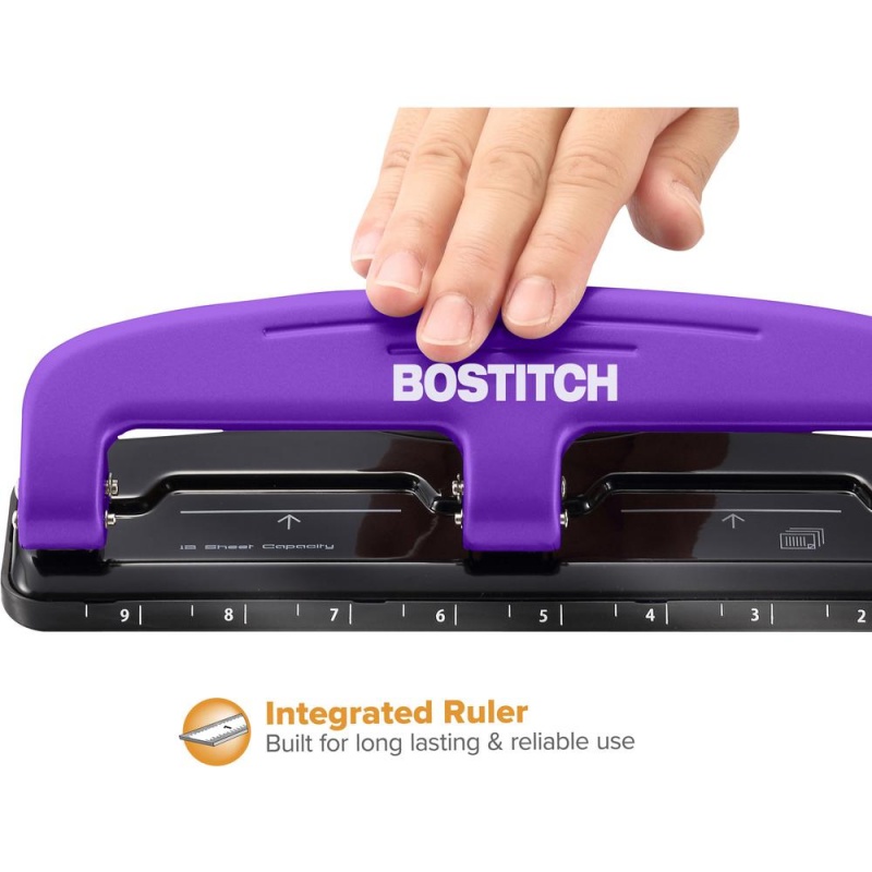Bostitch Ez Squeeze™ 12 Three-Hole Punch - 3 Punch Head(S) - 12 Sheet - 9/32" Punch Size - 3" X 1.6" - Purple, Black