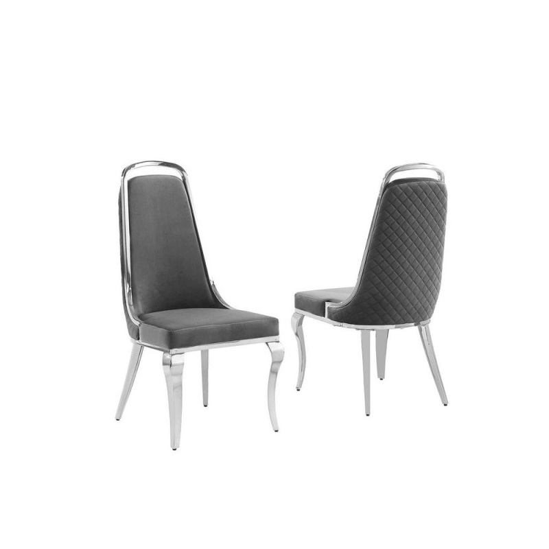 Dark Grey Velvet High Back Chair With Silver Chrome Trim, Set Of 2