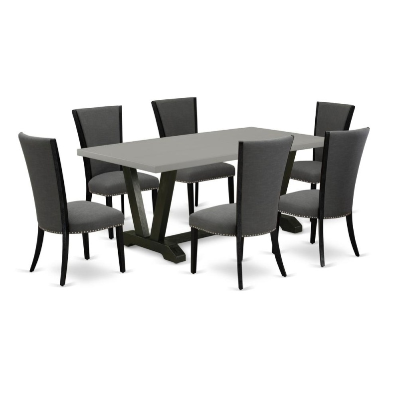 East West Furniture 7 Pc Kitchen Dining Table Set Includes A Cement Kitchen Table And 6 Dark Gotham Grey Linen Fabric Upholstered Chairs With High Back - Wire Brushed Black Finish