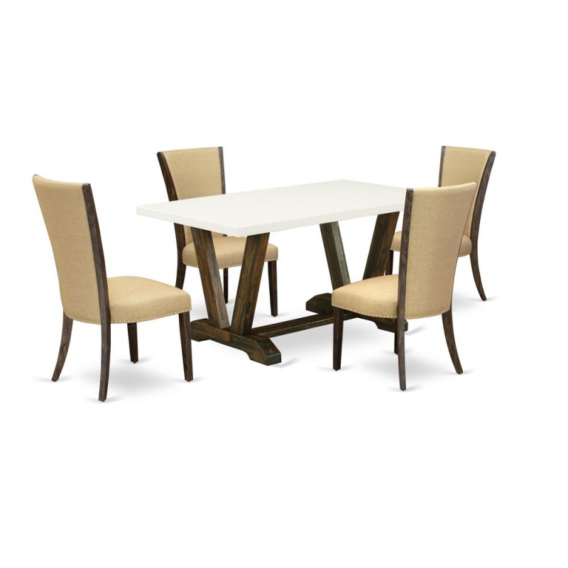 East West Furniture V726ve703-5 5Pc Dinette Set Contains A Kitchen Table And 4 Parsons Dining Chairs With Brown Color Linen Fabric, Medium Size Table With Full Back Chairs, Distressed Jacobean And Lin