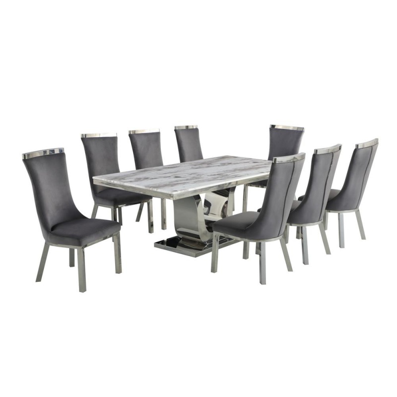 9Pc Dining Set- Rectangle Marble Table With A U Shape Silver Base And 8 Dark Grey Side Chairs