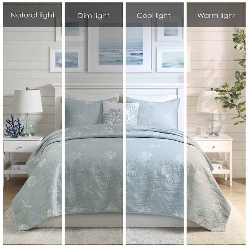 4 Piece Cotton Reversible Embroidered Quilt Set With Throw Pillow