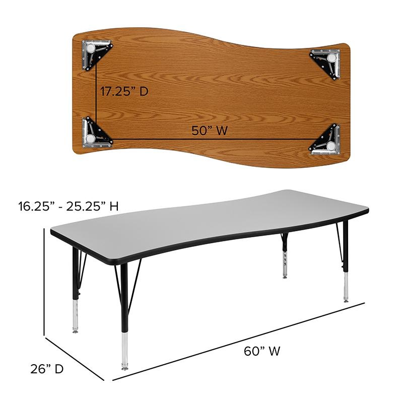 26"W X 60"L Rectangular Wave Collaborative Grey Thermal Laminate Activity Table - Height Adjustable Short Legs