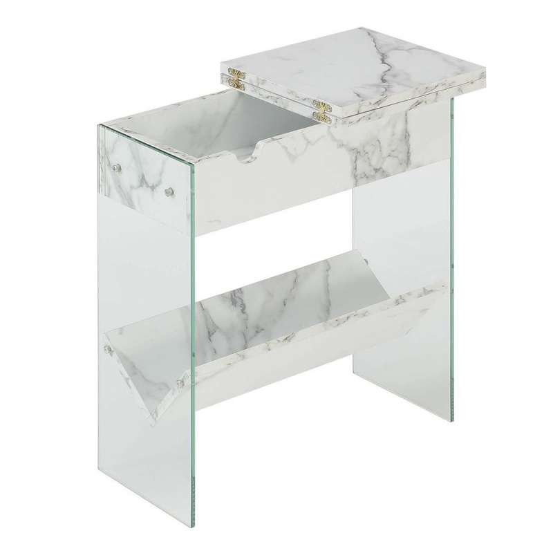 Soho Flip Top End Table With Charging Station And Shelf, White Faux Marble/Glass