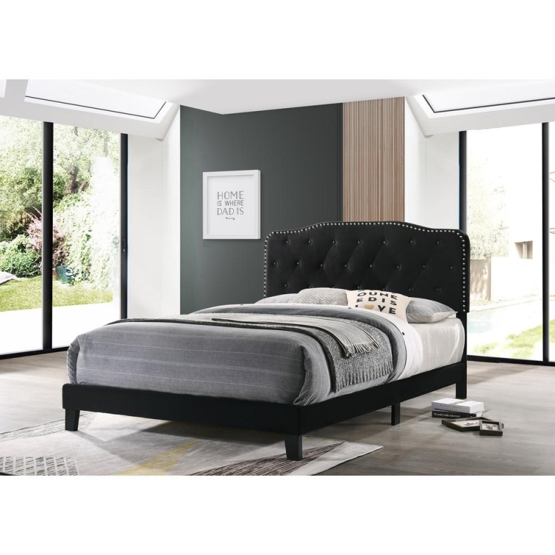 Black Velvet Uph. Panel Bed With Silver Nailhead - Full