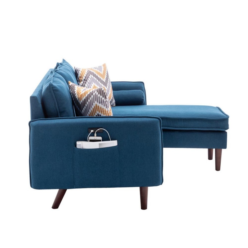 Mia Blue Sectional Sofa Chaise With Usb Charger & Pillows
