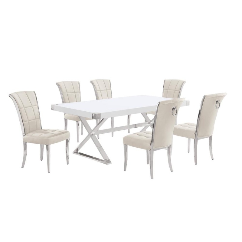 7Pc 78" White Wood Top Dining Set with 6 Chairs