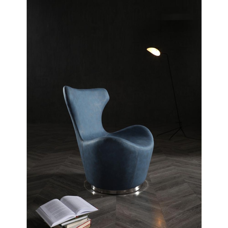 Easton Swivel Leisure Chair, Blue Fabric, Polished Stainless Steel Base