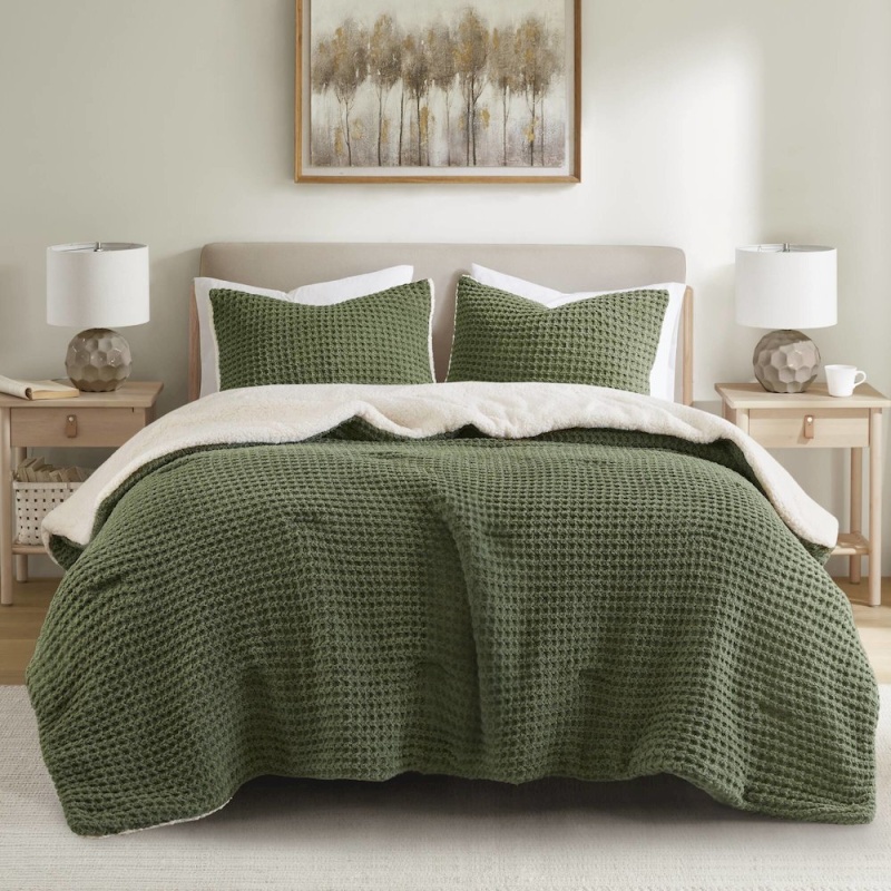 Riordan Waffle Knit Chenille Comforter Set, Olive Color