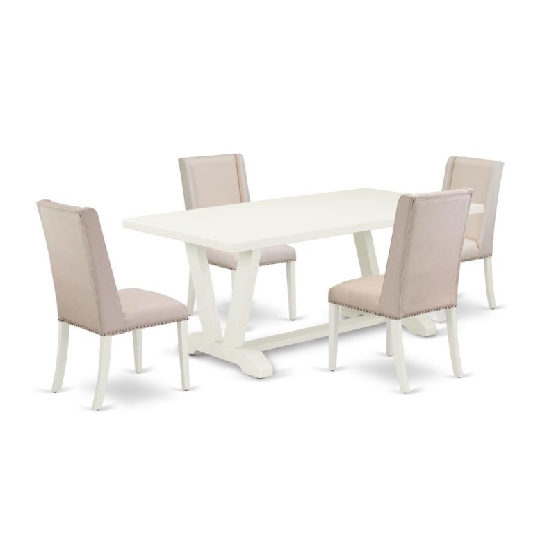 East West Furniture 5-Piece Beautiful Dining Room Set An Outstanding Linen White Rectangular Table Top And 4 Amazing Linen Fabric Solid Wood Chairs Legs With Nail Heads And Stylish Chair Back, Linen w