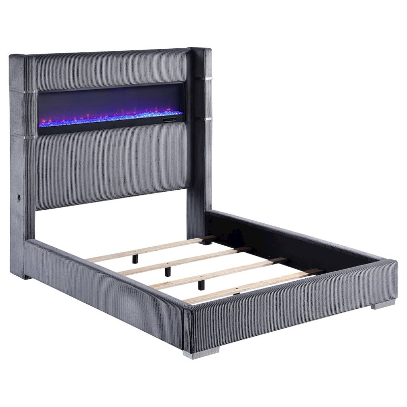 Tisdall 67-Inch Upholstered Cal King Fireplace Bed in Grey
