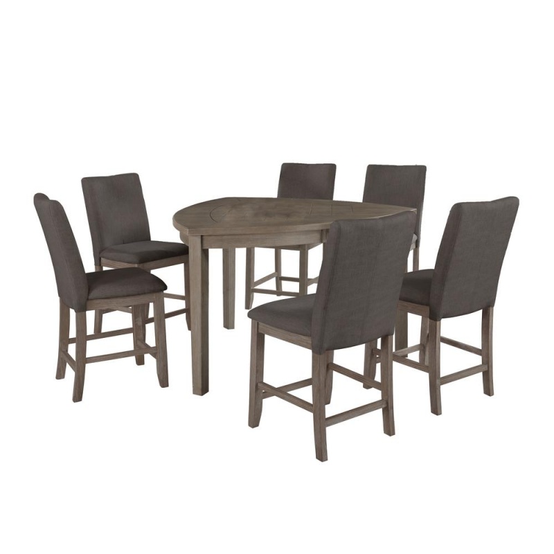 7Pc Counter Height Dining Set In Rustic Grey, Petal-Shaped Table & Chairs In Dark Grey