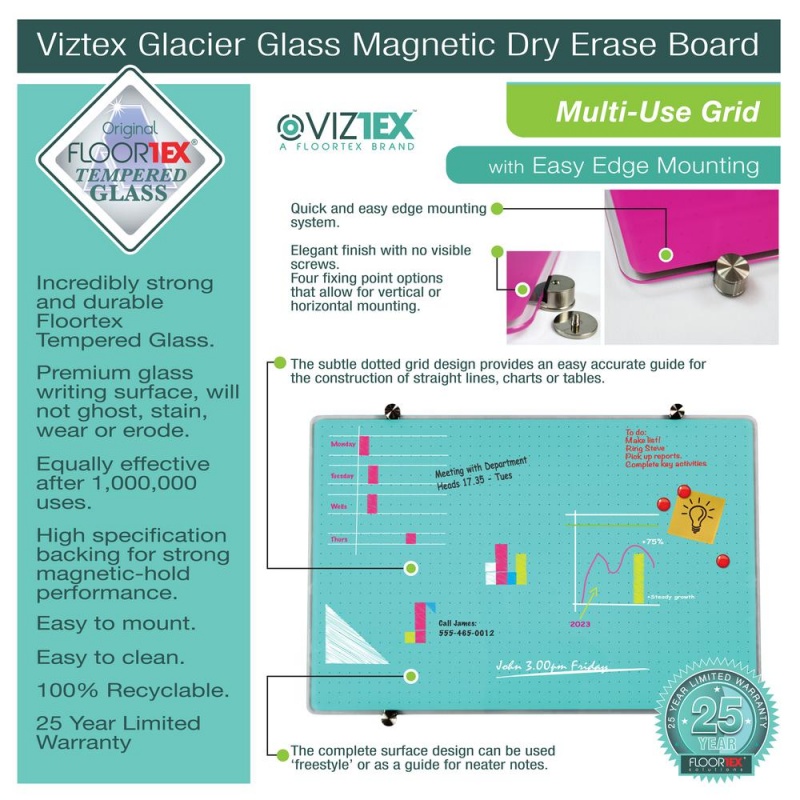 Violet Multi-Purpose Grid Glass Dry Erase Board 24" X 36"