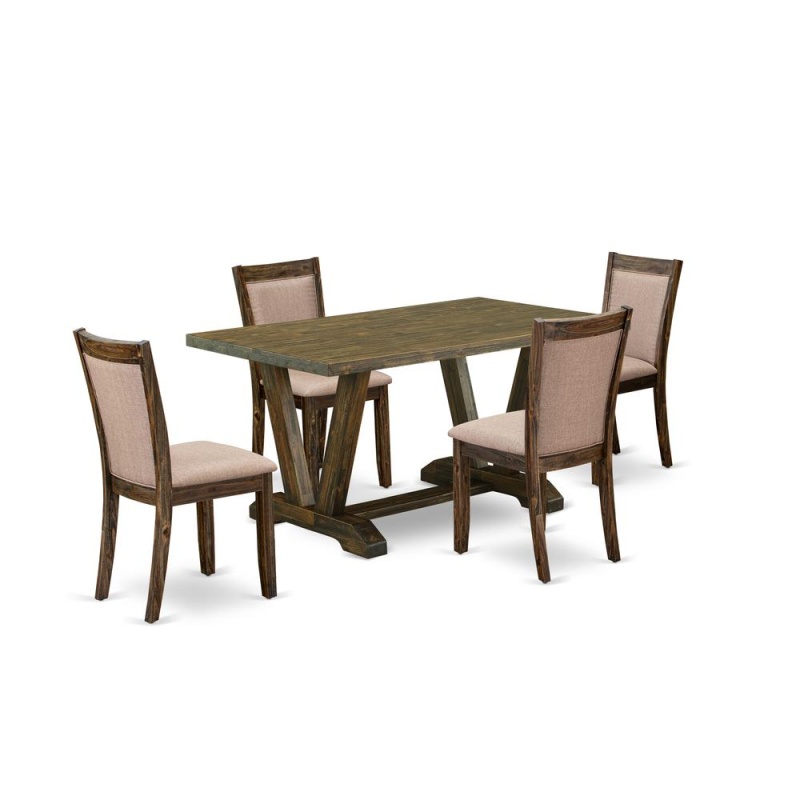 V776mz716-5 5 Piece Dining Table Set - A Modern Dining Table With Trestle Base And 4 Parson Chairs - Distressed Jacobean Finish