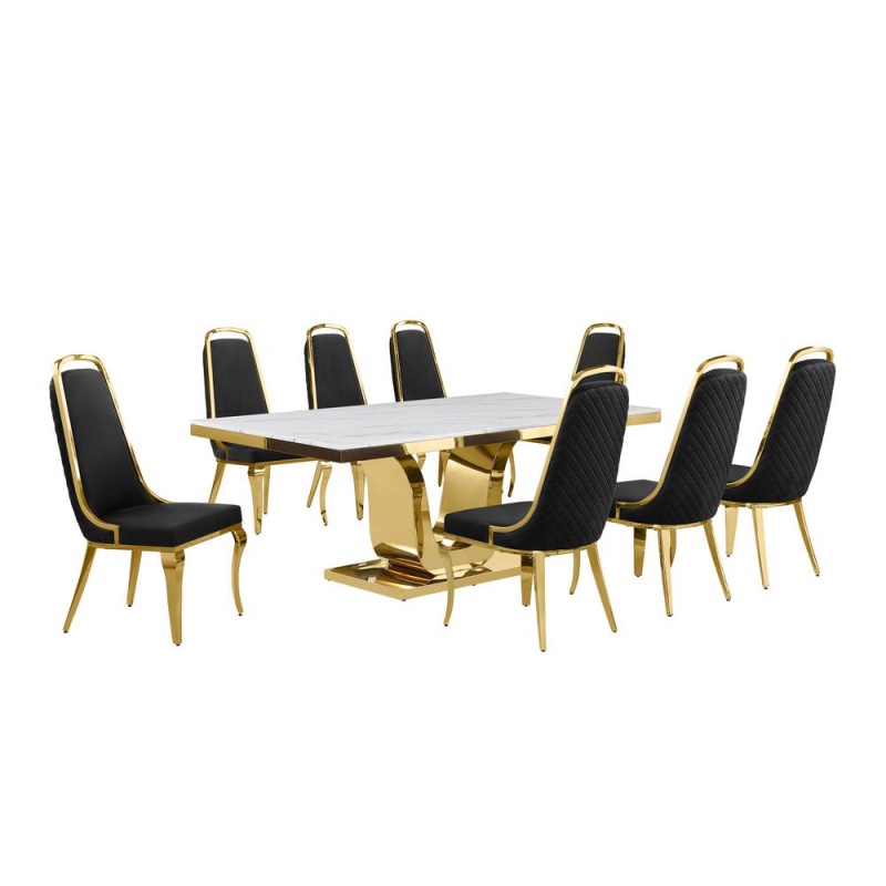 9Pc Large 78" Marble Top Dining Set with Gold Base and 8 Black Side Chairs