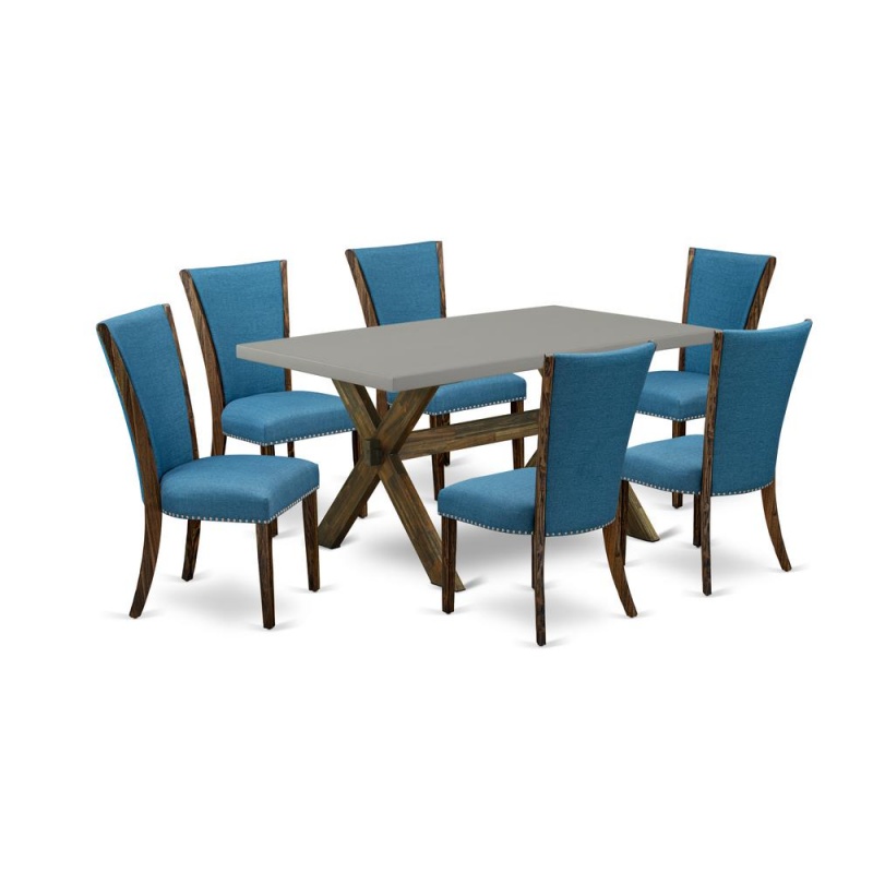East West Furniture X796ve721-7 7Pc Dinette Sets For Small Spaces Offers A Dining Room Table And 6 Parsons Dining Chairs With Blue Color Linen Fabric, Distressed Jacobean And Cement Finish