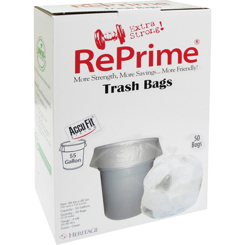 Heritage Accufit Reprime Can Liners - 55 Gal Capacity - 40" Width X 53" Length - 0.90 Mil (23 Micron) Thickness - Low Density - Clear - Linear Low-Density Polyethylene (Lldpe) - 50/Box - Garbage