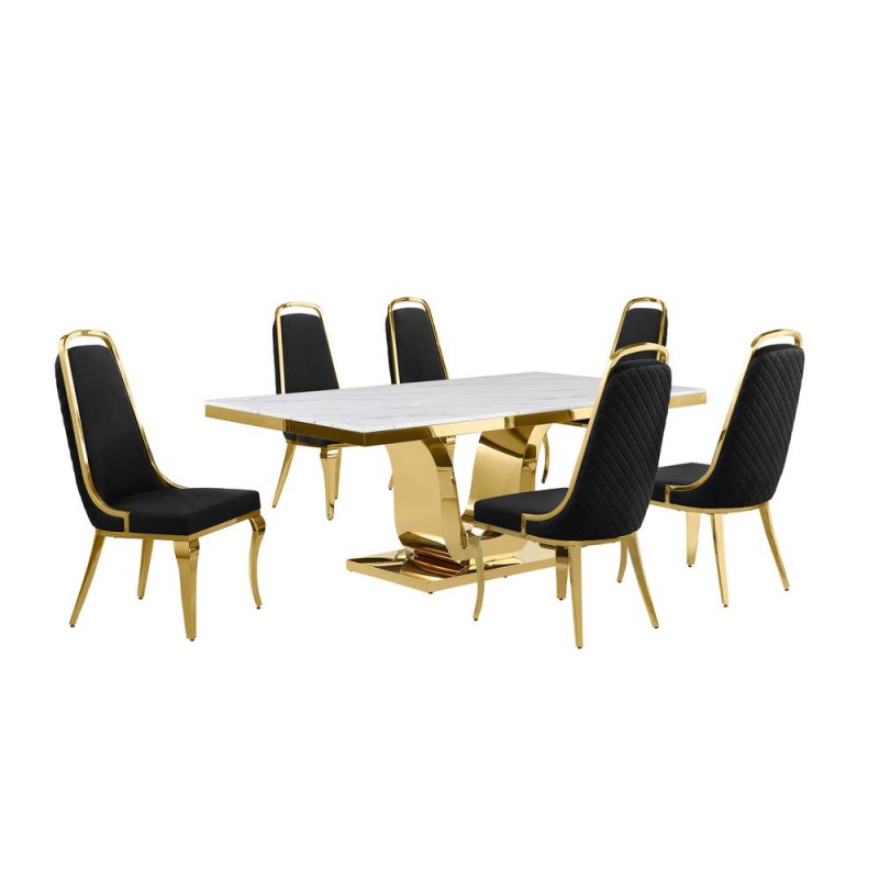 7Pc Large(76") Marble Top Dining Set With Gold Base And 6 Black Side Chairs