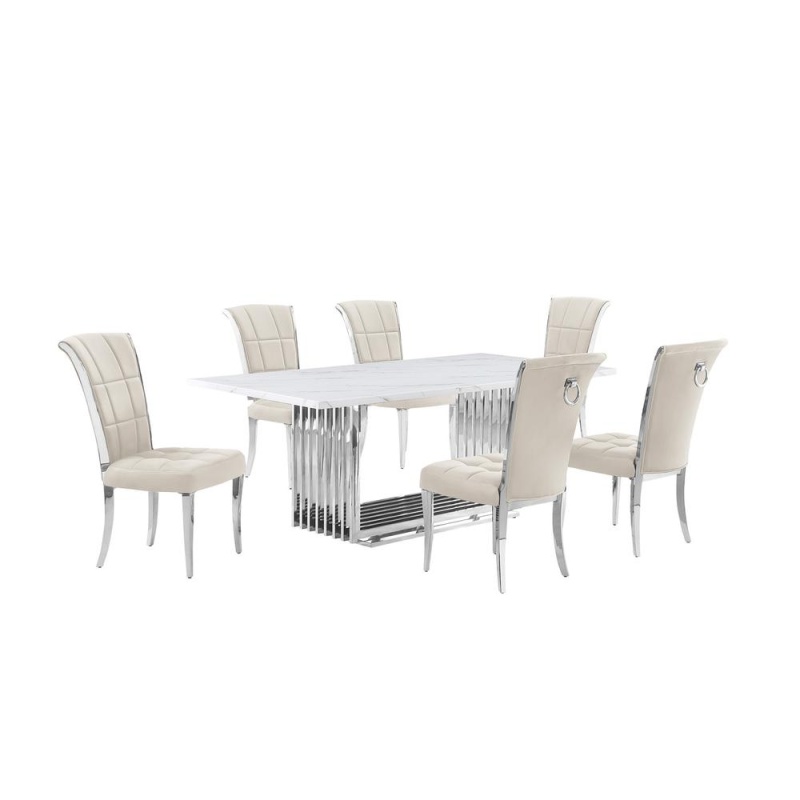 7Pc Large(79") Marble Top Dining Set With Silver Base And 6 Cream Side Chairs