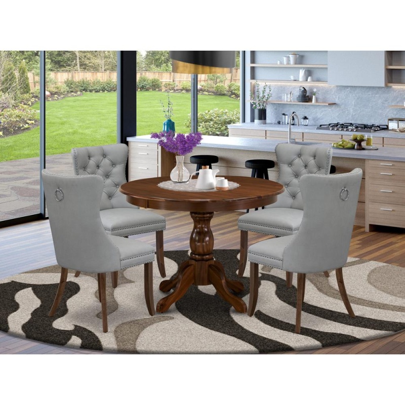 5 Piece Dining Room Furniture Set Contains A Round Solid Wood Table