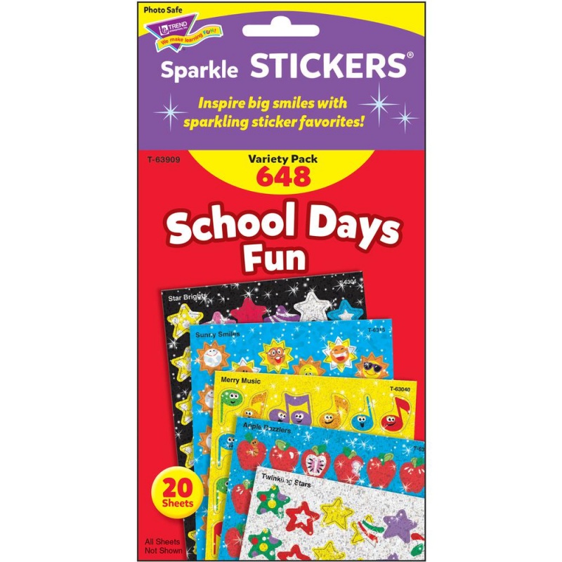 Trend Sparkle Stickers School Days Fun Stickers - Fun Theme/Subject - Acid-Free, Non-Toxic, Photo-Safe - 8" Height X 4.13" Width X 6" Length - Multicolor - 648 / Pack