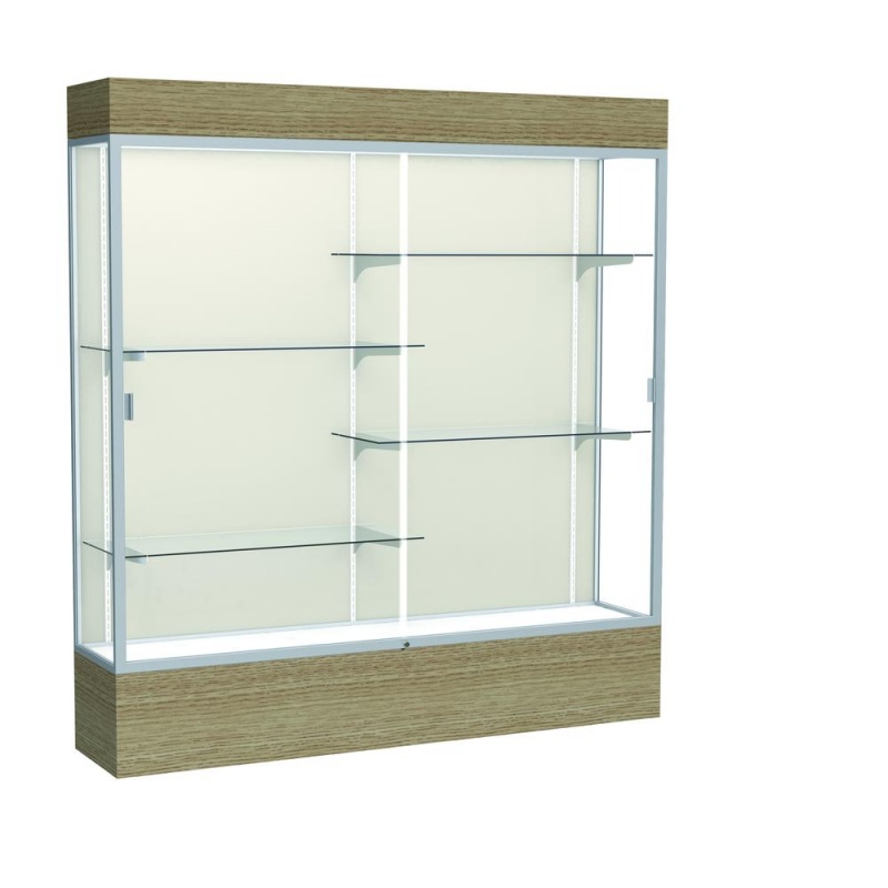 Reliant 72"W X 80"H X 16"D Lighted Floor Case, Plaque Back, Satin Finish, Driftwood Base