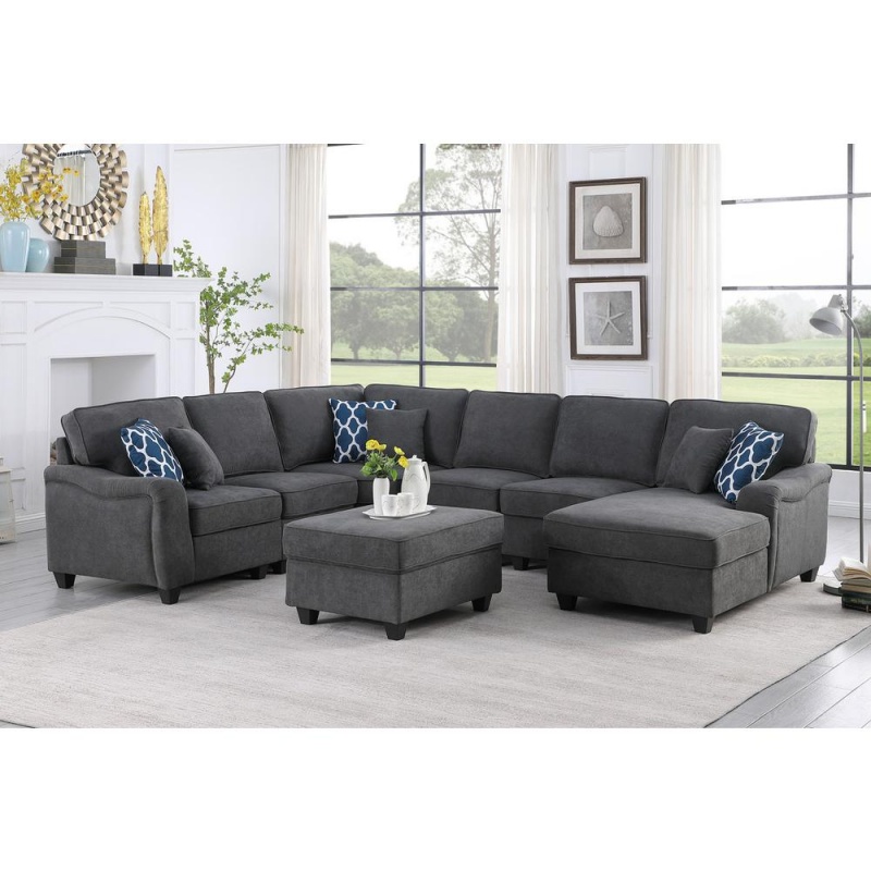 Leo Dark Gray Woven 7Pc Modular LShape Sectional Sofa Chaise And Ottoman