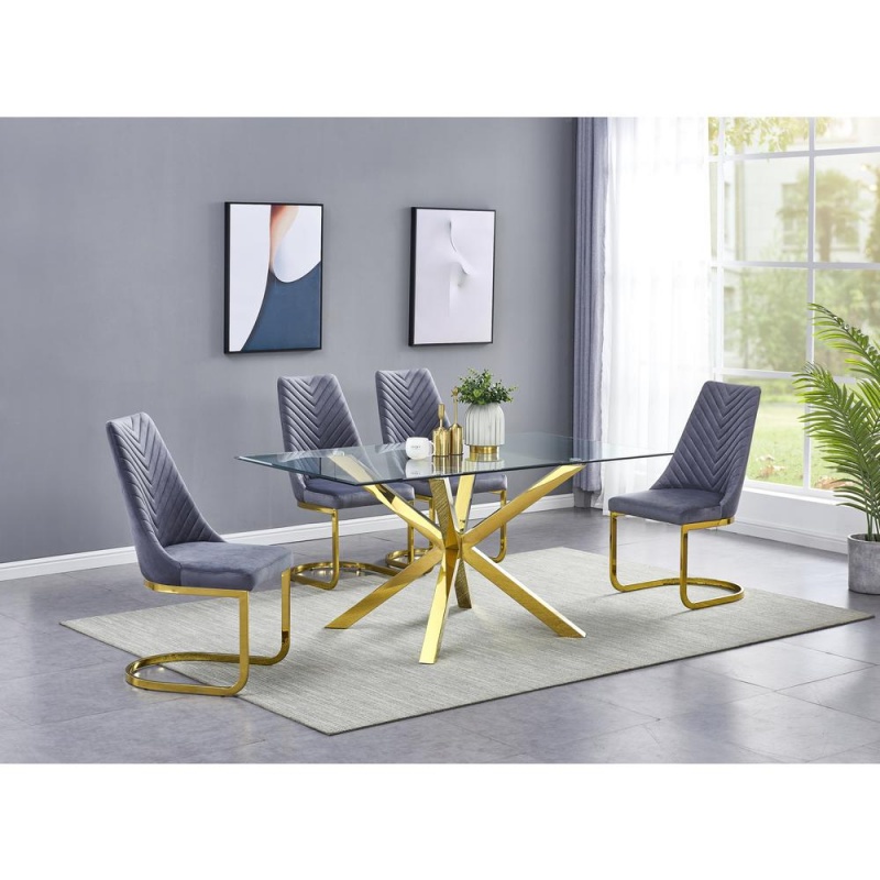 Rectangular Tempered Glass 5Pc Gold Set Chrome Chairs In Dark Grey Velvet