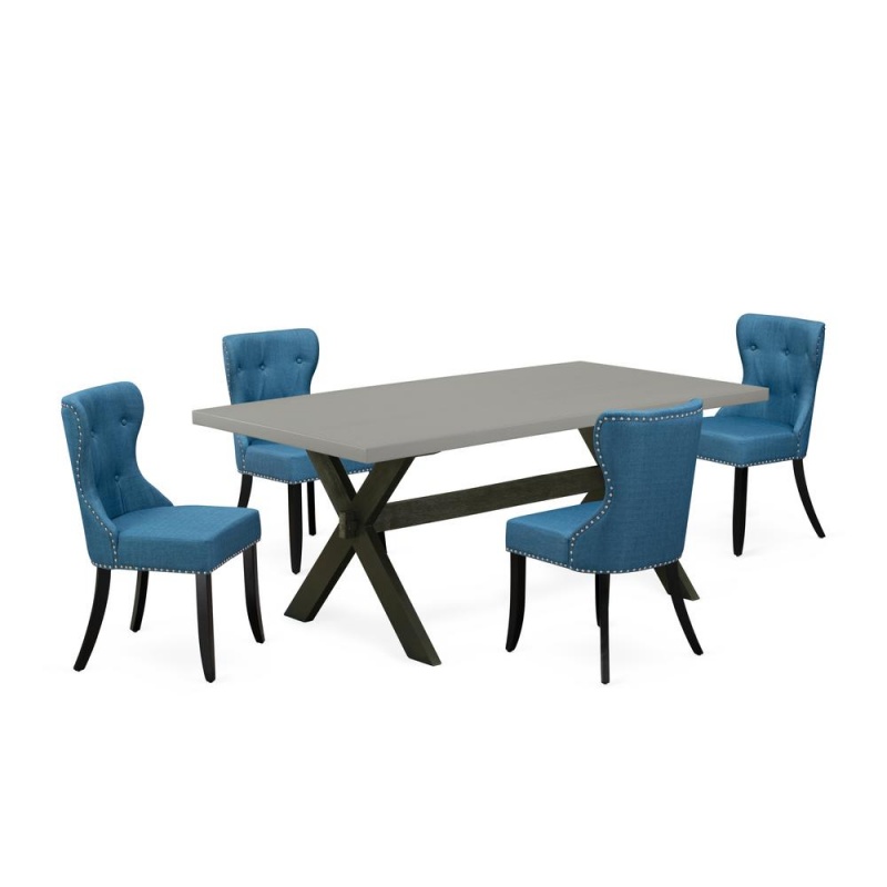 East West Furniture X697si121-5 5-Piece Dining Room Table Set- 4 Kitchen Parson Chairs With Blue Linen Fabric Seat And Button Tufted Chair Back - Rectangular Table Top & Wooden Cross Legs - Cement And