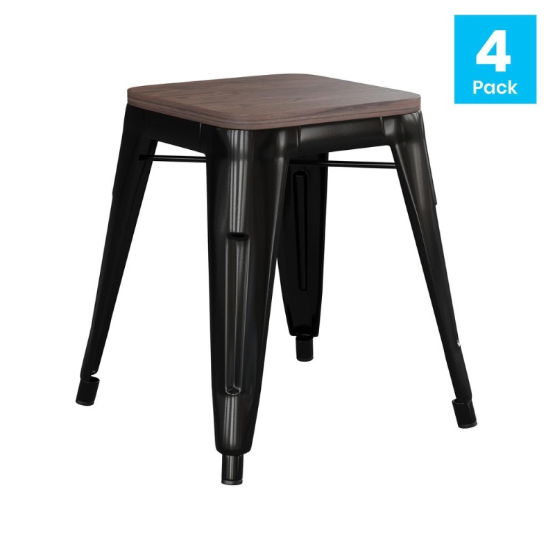 18" Table Height , Stackable Black Metal Dining Stool, - Set Of 4