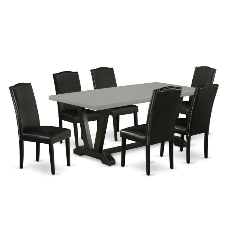 East West Furniture V697en169-7 7-Pc Kitchen Dining Set - 6 Kitchen Chairs And 1 Modern Rectangular Cement Dining Room Table Top With High Chair Back - Wire Brushed Black Finish