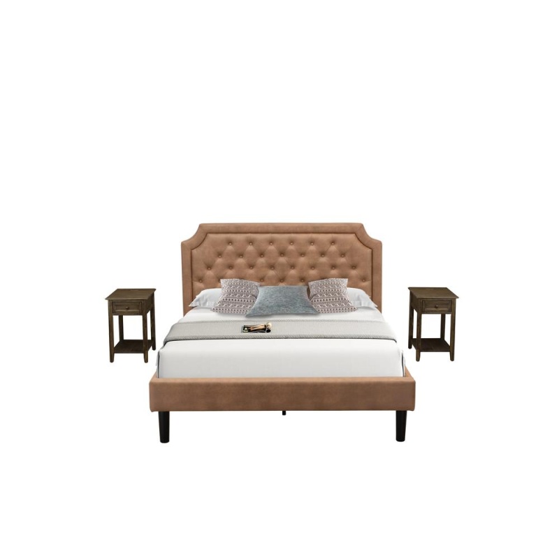 Gb28q-2De07 3-Piece Bedroom Set With Queen Frame And 2 Distressed Jacobean Bedroom Nightstands - Brown Faux Leather And Black Legs