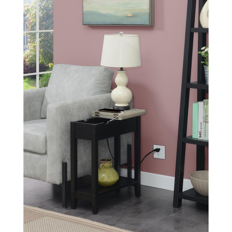 American Heritage Flip Top End Table With Charging Station, Faux Birch/Black